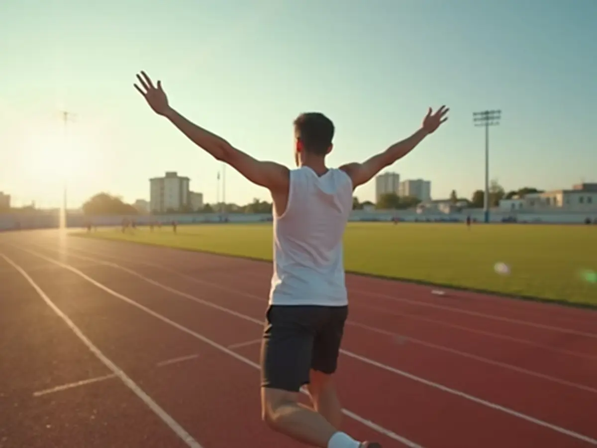 Persona celebrando después de hacer ejercicio en una pista atlética