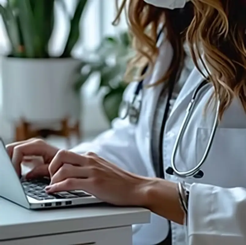 Médica atendiendo una cita virtual desde su computador