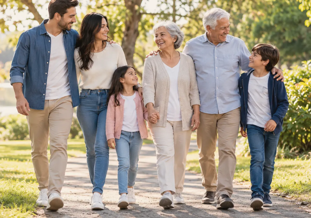 Familia de tres generaciones caminando en un parque